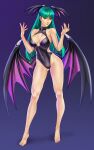  1girl absurdres bangs bare_shoulders barefoot black_leotard boots breasts cleavage closed_mouth collarbone commentary covered_collarbone covered_navel demon_girl demon_wings fingernails full_body gradient gradient_background green_eyes green_hair hands_up head_wings highres leotard lips long_hair looking_at_viewer low_wings medium_breasts morrigan_aensland nail_polish seductive_smile shiny shiny_clothes simple_background smile solo standing thighs titiartwork toes vampire_(game) wings 