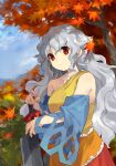  1girl absurdres autumn_leaves bangs blue_sleeves bow breasts cleaver clothing_cutout cowboy_shot day detached_sleeves dress expressionless grey_hair highres holding holding_weapon kaigen_1025 leaf long_hair looking_at_viewer multicolored_clothes multicolored_dress outdoors red_bow red_eyes sakata_nemuno single_strap solo standing touhou tree very_long_hair wavy_hair weapon 