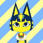  animal_crossing ankha_(animal_crossing) anthro big_breasts blue_hair breasts cleavage clothed clothing domestic_cat felid feline felis female hair hi_res looking_at_viewer mammal nintendo nipple_outline simple_background solo supermoonshroom video_games yellow_body 