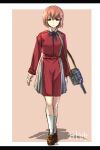  adapted_turret belt black_ribbon brown_eyes brown_footwear brown_hair collared_dress cosplay dress full_body gun highres kantai_collection long_sleeves lycoris_recoil lycoris_uniform nishikigi_chisato nishikigi_chisato_(cosplay) pink_background pleated_dress red_belt red_dress ribbon seitei_(04seitei) short_hair socks two-tone_dress weapon white_background white_socks yukikaze_(kancolle) 