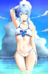  1girl absurdres arm_up bikini blue_choker blue_eyes blue_hair blue_ribbon blue_sky breasts choker cloud collarbone cowboy_shot day hair_ribbon highres hololive hoshimachi_suisei layered_bikini leg_tattoo looking_at_viewer navel ocean outdoors parted_lips reyyyy ribbon side-tie_bikini_bottom side_ponytail sky small_breasts solo star_(symbol) star_in_eye star_tattoo stomach swimsuit symbol_in_eye tattoo thighs virtual_youtuber wading wavy_hair white_bikini 