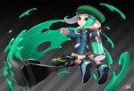  1girl aqua_eyes aqua_hair beret bike_shorts_under_skirt black_shorts blue_footwear blue_jacket chromatic_aberration closed_mouth frown full_body green_headwear green_skirt half-closed_eyes hat herobrush_(splatoon) highres ink_tank_(splatoon) jacket long_hair long_sleeves miniskirt octoling octoling_girl paint paintbrush puchiman shoes shorts skirt sleeves_past_wrists solo splatoon_(series) striped striped_background suction_cups tentacle_hair v-shaped_eyebrows zipper zipper_pull_tab 