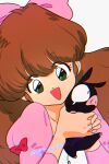  1girl animal bow brown_hair green_eyes highres holding holding_animal looking_at_viewer open_mouth p-chan pink_bow punch121ykk ranma_1/2 red_bow shiratori_azusa simple_background tearing_up white_background 