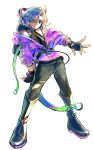  1boy 302 alternate_costume bare_shoulders belt black_pants boots bracelet dungeon_meshi fingerless_gloves gloves headphones highres jacket jewelry knee_boots looking_at_viewer mithrun one_eye_closed pants purple_jacket white_hair 