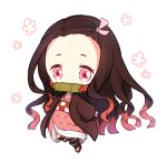  1girl bangs_pinned_back bit_gag brown_hair chibi gag hair_ribbon haori japanese_clothes kamado_nezuko kimetsu_no_yaiba kimono long_hair long_sleeves mameko_minami multicolored_hair pink_eyes red_hair ribbon standing standing_on_one_leg two-tone_hair 