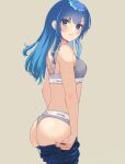  1girl absurdres ass bare_shoulders blue_eyes blue_hair blush bra brand_name_imitation breasts calvin_klein denim from_side furrowed_brow glaring grey_bra grey_panties highres hololive hoshimachi_suisei jeans long_hair looking_at_viewer looking_to_the_side melow_menow panties pants simple_background small_breasts solo star_(symbol) star_in_eye symbol_in_eye underwear undressing v-shaped_eyebrows virtual_youtuber wavy_hair 