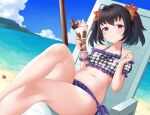  1girl beach chair commission dessert flower food hair_flower hair_ornament highres holding holding_spoon igni_tion looking_at_viewer mole mole_under_eye nail_polish on_chair purple_eyes purple_hair red_nails saimon_(tales) sitting solo spoon swimsuit tales_of_(series) tales_of_zestiria 