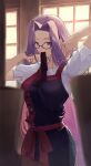  1girl absurdres buttons commentary_request fate/grand_order fate_(series) forehead glasses hair_intakes highres indoors kanzakimitoto long_hair medusa_(fate) medusa_(rider)_(fate) mouth_hold official_alternate_costume purple-framed_eyewear purple_eyes purple_hair short_sleeves solo sunlight upper_body very_long_hair window 