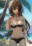  1girl ass beach bikini black_bikini breasts brown_hair clothes_lift coconut_tree green_eyes grey_shirt hair_between_eyes highres large_breasts long_hair miyanami_3 navel noizu_(noi_hr) ocean open_clothes open_shirt original palm_tree shadow shirt shirt_lift smile stomach swimsuit t-shirt toned tree white_shirt 