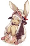  1other :d animal_ear_fluff animal_ears bangs black_horns brown_fur fangs fur furry hair_between_eyes hands_up highres horizontal_pupils horns looking_at_viewer made_in_abyss multicolored_fur nanachi_(made_in_abyss) open_mouth puchiman ringed_eyes short_hair_with_long_locks simple_background smile solo straight_hair topless two-tone_fur whiskers white_background white_fur white_hair yellow_eyes 