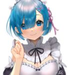  1girl black_ribbon blue_eyes blue_hair breasts cleavage closed_mouth eyes_visible_through_hair hair_ornament hand_up highres looking_at_viewer medium_breasts puchiman re:zero_kara_hajimeru_isekai_seikatsu rem_(re:zero) ribbon ribbon-trimmed_clothes ribbon_trim short_hair simple_background smile solo upper_body white_background x_hair_ornament 