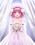  1girl absurdres backlighting bangs bare_shoulders blue_eyes blunt_bangs bouquet breasts cleavage collarbone commentary compilation dress flower foreshortening go-toubun_no_hanayome highres holding holding_bouquet jewelry kurosaki_coco large_breasts looking_at_viewer nakano_nino necklace pearl_necklace pink_hair ribbon rose shiny shiny_hair short_hair smile solo tearing_up teeth upper_teeth wedding_dress white_dress white_flower white_ribbon white_rose window 