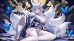  1girl animal_ears azur_lane bangs bare_shoulders breasts bug butterfly cleavage collarbone fox_ears fox_girl fox_tail highres japanese_clothes kimono large_breasts long_hair looking_at_viewer michihasu off_shoulder purple_eyes shinano_(azur_lane) skirt solo tail thighhighs very_long_hair white_hair white_skirt white_thighhighs 