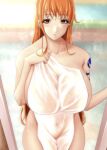  1girl arm_tattoo bath blurry blurry_background blush breasts collarbone commentary covered_navel cowboy_shot expressionless eyelashes huge_breasts indoors long_hair looking_at_viewer moriton naked_towel nami_(one_piece) nude one_piece orange_eyes orange_hair parted_lips sidelocks solo standing steam tattoo towel wet 