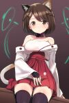  1girl animal_ears bangs bare_shoulders blush breasts brown_eyes brown_hair cat_ears cat_girl cleavage holding looking_at_viewer original shimada_fumikane short_hair simple_background skirt solo tail thighhighs 