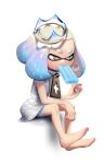  1girl absurdres bare_arms bare_legs bare_shoulders barefoot blue_hair brown_eyes cross-shaped_pupils dress food full_body gradient_hair highres holding light_blue_hair medium_hair multicolored_hair no_legwear no_shoes pearl_(splatoon) popsicle puchiman shadow shorts shorts_under_dress simple_background sitting sleeveless sleeveless_dress solo splatoon_(series) splatoon_2 suction_cups sweat tentacle_hair two-tone_hair white_background white_dress white_hair white_shorts zipper zipper_pull_tab 