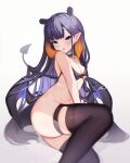  1girl :p animal_ears bikini bikini_top_only black_bikini black_thighhighs bottomless breasts demon_tail extra_ears highres hololive hololive_english koahri long_hair looking_at_viewer lying navel ninomae_ina&#039;nis on_side orange_hair pointy_ears purple_eyes purple_hair simple_background small_breasts solo swimsuit tail tentacle_hair thigh_strap thighhighs tongue tongue_out untied untied_bikini very_long_hair virtual_youtuber white_background 