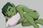  beast_boy black_clothing black_underwear bulge butt clothing colored dandi eyebrows eyes_closed green_body green_hair green_skin grey_background hair humanoid lying male not_furry on_side open_mouth pillow pillow_hug simple_background sleeping solo teeth thong tongue underwear young 