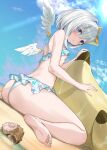  1girl :&lt; amane_kanata angel_wings ass back bangs barefoot beach bikini blue_hair blue_sky blush bob_cut breasts cloud colored_inner_hair commentary crystal_shoujo detached_wings feathered_wings feathers feet foreshortening frilled_bikini frills from_side hair_between_eyes halo highres hololive inflatable_toy light_rays looking_at_viewer looking_back looking_down mini_wings multicolored_hair outdoors parted_lips perspective purple_eyes seashell shell short_hair single_hair_intake sitting sky small_breasts soles solo star_halo streaked_hair sunbeam sunlight swimsuit two-tone_hair underboob virtual_youtuber wariza wet white_bikini white_feathers white_hair white_wings wings 