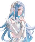  1girl azura_(fire_emblem) blue_hair blue_ribbon closed_mouth clothing_cutout commentary_request detached_collar dress elbow_gloves fingerless_gloves fire_emblem fire_emblem_fates gloves hands_on_own_chest highres lips long_hair looking_away mixed-language_commentary negi_(fufufuyu) own_hands_together pink_lips ribbon simple_background solo twitter_username upper_body veil very_long_hair white_background white_dress white_gloves yellow_eyes 