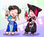  black_hair bracelet breasts brown_hair chaps chun-li cleavage closed_eyes double_bun fang hair_bun hair_horns hair_over_one_eye hair_ribbon han_juri jewelry marimo_(yousei_ranbu) multicolored_hair ribbon smile spiked_anklet spiked_bracelet spikes streaked_hair street_fighter street_fighter_6 v victory_pose 