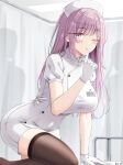  artist_name bangs black_thighhighs blush breasts finger_to_mouth gloves hat highres indoors keenh large_breasts long_hair looking_at_viewer name_tag nurse nurse_cap one_eye_closed original parted_lips pink_hair purple_eyes short_sleeves shushing silhouette thighhighs thighs white_gloves white_headwear 