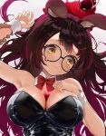  1girl absurdres animal_ears bangs blush bow bowtie breasts brown_hair bust_cup cleavage closed_mouth detached_collar glasses highres holding_another&#039;s_wrist hololive large_breasts long_hair looking_away playboy_bunny purple_hair rabbit_ears red_bow red_bowtie roboco-san round_eyewear solo_focus tearing_up upper_body virtual_youtuber wellsy wrist_cuffs yellow_eyes 