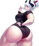  absurd_res big_butt butt female gadthegod hair hand_on_hip hi_res horn horned_humanoid humanoid looking_at_viewer looking_back looking_back_at_viewer not_furry simple_background solo thick_thighs white_background white_hair 