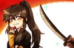  1boy black_hair black_kimono candy candy_wrapper fang food hair_between_eyes high_ponytail holding holding_food holding_weapon japanese_clothes kataro kimono long_hair looking_at_viewer mo_dao_zu_shi orange_eyes parody sidelocks smug sword weapon wrapped_candy xue_yang 