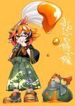  1girl animare black_hair cosplay domino_mask green_hakama hakama hand_on_own_chin highres inkling inkling_(cosplay) japanese_clothes kazami_kuku kurose_kousuke mask multicolored_hair o3o orange_eyes orange_hair paint paintbrush print_hakama shoes smartwatch sneakers solo splatoon_(series) streaked_hair translation_request two-tone_hair watch wristwatch 