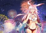  1girl :d animal_ears bangs bare_shoulders bikini breasts cleavage closed_eyes fireworks flower fox_ears hair_flower hair_ornament highres honkai_(series) honkai_impact_3rd night night_sky open_mouth outdoors petals pink_flower pink_hair see-through signature sky smile star_(sky) starry_sky swimsuit xueshenzi yae_sakura 