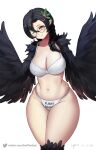  absurd_res avian black_body black_feathers black_hair bra breasts cleavage clothed clothing european_mythology eyewear feathers female gadthegod glasses greek_mythology hair harpy hi_res mythological_avian mythology one_eye_closed panties simple_background smile underwear white_background wink 