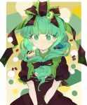  1girl bangs blunt_bangs bow brown_bow brown_dress brown_ribbon chamaruku closed_mouth color_guide dress expressionless frills front_ponytail green_eyes green_hair hair_bow hair_ribbon highres kagiyama_hina long_hair looking_at_viewer ribbon short_sleeves simple_background solo touhou upper_body v_arms yorigami_jo&#039;on yorigami_shion 