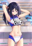  1girl absurdres adjusting_hair armpits arms_up black_hair blue_buruma blue_sports_bra breasts buruma hamanashi_(trapiorra) hands_in_hair highres long_hair midriff navel original outdoors pink_eyes running_track solo sports_bikini sports_bra sweat thighs track_and_field 