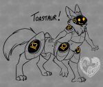  2022 5_fingers ambiguous_gender bread bread_slice claws digital_drawing_(artwork) digital_media_(artwork) digitigrade english_text felisrandomis fingers food hi_res humor line_art machine protogen protogen_taur quadruped simple_background sliced_bread solo taur text 