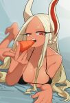  1girl absurdres animal_ears bangs bare_shoulders bikini black_bikini blurry blurry_background boku_no_hero_academia breasts carrot cleavage collarbone crossed_ankles dark-skinned_female dark_skin food food_in_mouth hair_between_breasts highres holding holding_food holding_vegetable kellila93 large_breasts legs_up long_eyelashes long_hair looking_at_viewer lying mirko on_stomach open_mouth parted_bangs rabbit_ears rabbit_girl red_eyes shiny shiny_skin solo swimsuit teeth the_pose toned vegetable very_long_hair white_hair 