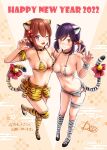  2022 2girls animal_ears animal_print artist_name bangs bell black_footwear bra breasts brown_hair claw_pose closed_mouth full_body hand_up happy_new_year highres kneehighs looking_at_viewer low_twintails medium_breasts medium_hair multiple_girls navel one_eye_closed open_mouth original over-kneehighs purple_eyes purple_hair reco_(fortunequest) short_twintails skirt socks standing standing_on_one_leg tail tail_bell tail_ornament thighhighs tiger_ears tiger_print tiger_tail twintails underwear yellow_eyes 