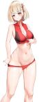  1girl absurdres bare_legs blonde_hair blush bob_cut breasts buruma buruma_pull cleavage closed_mouth groin highres large_breasts lycoris_recoil narrow_waist navel nishikigi_chisato one_side_up orange_eyes pulled_by_self red_buruma red_ribbon ribbon short_hair simple_background smile solo sports_bikini sports_bra stomach thighs white_background wide_hips zah_takara zipper zipper_pull_tab 