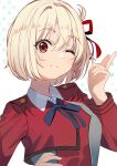  1girl aroa_(aroamoyasi) bangs blonde_hair blue_ribbon bob_cut closed_mouth collared_shirt dress grey_dress hair_ribbon hand_on_hip highres looking_at_viewer lycoris_recoil lycoris_uniform neck_ribbon nishikigi_chisato one_eye_closed pose red_dress red_eyes red_ribbon ribbon shirt short_hair simple_background smile solo two-tone_dress upper_body white_background white_shirt 