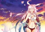  1girl :d animal_ears bangs bare_shoulders bikini breasts cleavage closed_eyes cloud cloudy_sky flower fox_ears hair_flower hair_ornament highres honkai_(series) honkai_impact_3rd night night_sky open_mouth outdoors petals pink_flower pink_hair see-through signature sky smile sunset swimsuit xueshenzi yae_sakura 