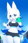  2022 5_fingers absurd_res anthro bella_(devil-vox) blue_body blue_eyes blue_fur blue_hair bottomwear bra breasts canid canine canis claws clothing devil-vox female female_anthro finger_claws fingers fur hair hi_res hotpants kemono looking_at_viewer mammal midriff navel shorts solo sports_bra underwear white_body white_fur white_hair wolf workout_clothing 