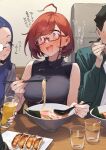  1boy 2girls 92m ahoge alcohol bangs bare_shoulders beer black_sweater blue_eyes blue_hair blue_nails blush breasts chopsticks cup drinking_glass dumpling food full-face_blush glasses grin highres holding holding_chopsticks holding_cup holding_spoon jewelry jiaozi kinshi_no_ane large_breasts looking_at_another multiple_girls necklace noodles open_mouth original pink_eyes ramen red-framed_eyewear red_hair semi-rimless_eyewear sleeveless sleeveless_sweater sleeveless_turtleneck smile solo_focus spoon sweater swept_bangs translation_request turtleneck upper_body 