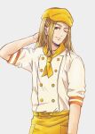  1boy blonde_hair emoliquor from_argonavis hand_up highres looking_at_viewer male_focus neckerchief one_eye_closed sakaigawa_miyuki short_sleeves simple_background solo standing white_background yellow_headwear yellow_neckerchief 