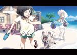  2girls bag beach black_hair commentary_request cosmog floral_print frisbee green_shorts handbag hat house lillie_(pokemon) multiple_girls outdoors palm_tree pokemon pokemon_(creature) pokemon_(game) pokemon_sm rockruff ruidusxyq selene_(pokemon) shirt shoes short_shorts shorts skirt sun_hat thighhighs tree white_shirt white_skirt 