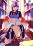  1girl absurdres blurry blurry_background blurry_foreground book book_stack bookshelf depth_of_field head_wings highres holding holding_book library mirufui multicolored_hair pointy_ears red_eyes solo tokiko_(touhou) touhou wings 