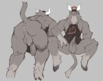  anthro anus apron ball bebebebebe biped bovid bovine cattle clothed clothing covered_eyes erection genitals grey_body half-erect hat headgear headwear hooves male mammal muscular penis perineum rear_view skimpy solo 