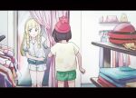  2girls beanie black_hair blonde_hair blue_skirt changing_room from_behind green_shorts hat hawaiian_shirt lillie_(pokemon) long_hair mirror multiple_girls no_headwear pokemon pokemon_(game) pokemon_sm ruidusxyq selene_(pokemon) shirt short_hair short_shorts shorts skirt white_shorts 