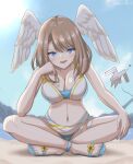  1girl :d absurdres bangs beach bikini blue_eyes blush breast_tattoo breasts brown_hair cleavage commentary_request eunie_(xenoblade) full_body head_wings highres indian_style looking_at_viewer medium_hair multi-strapped_bikini_bottom official_alternate_costume outdoors ryochan96154 sandals sitting smile solo swimsuit tattoo white_wings wings xenoblade_chronicles_(series) xenoblade_chronicles_3 