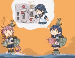  adapted_turret ahoge akebono_(kancolle) bell black_hair black_sailor_collar black_skirt cannon commentary_request flower hair_bell hair_flower hair_ornament imagining jingle_bell kantai_collection lever long_hair machinery orange_background pleated_skirt purple_eyes purple_hair saiguchi_otoufu sailor_collar school_uniform serafuku short_sleeves side_ponytail skirt standing standing_on_liquid switch turret ushio_(kancolle) very_long_hair 