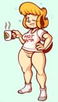  2022 anthro blonde_hair bottomless bottomless_anthro bottomless_female breasts canid canine canis chipposter clothed clothing coffee_mug domestic_dog female footwear full-length_portrait genitals grin hair hand_on_hip mama_parappa mammal mature_female one_eye_closed parappa_the_rapper portrait pussy shirt smile socks solo sony_corporation sony_interactive_entertainment standing t-shirt topwear video_games white_clothing white_shirt white_topwear wink 